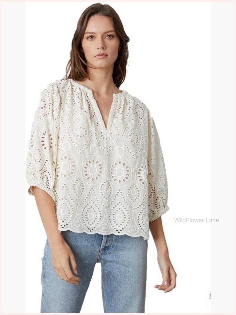 Women's Sleeveless Eyelet V-Neck Blouse - Cotton Top